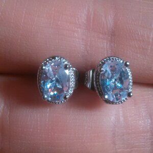 Simulated Blue and White Diamond Silvertone Brass Stud Earrings
